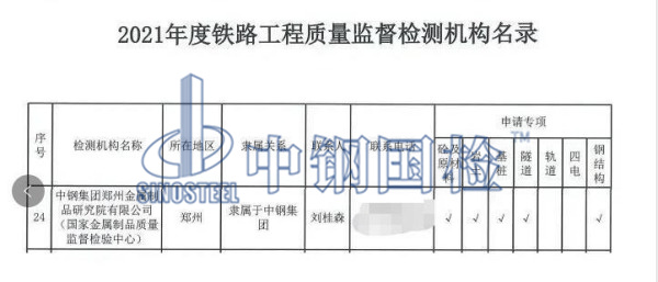 2021年度铁路工程质量监督检测机构名录（中钢国检）